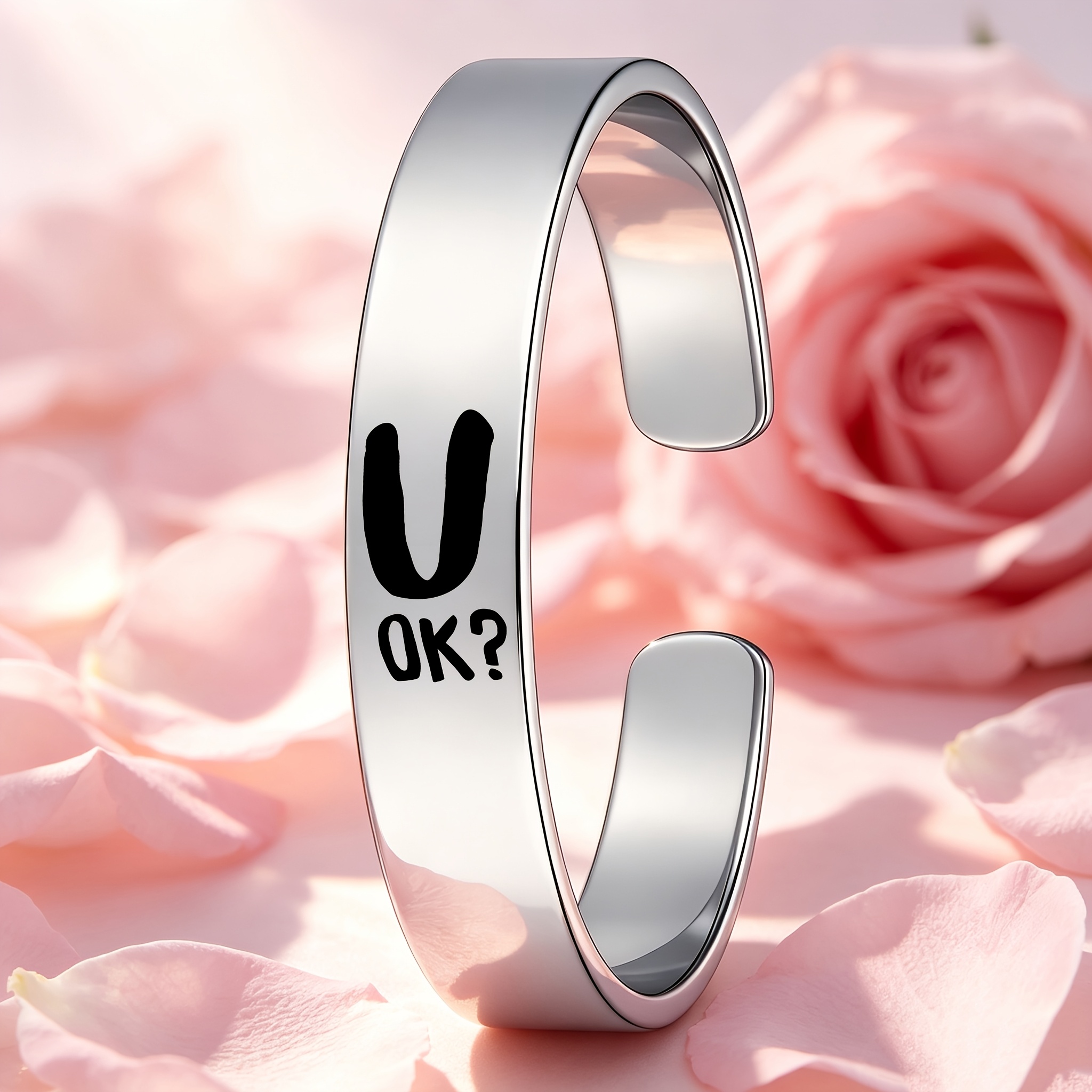 "U OK?" Fun Design Stainless Steel Open Bangle, Casual Style